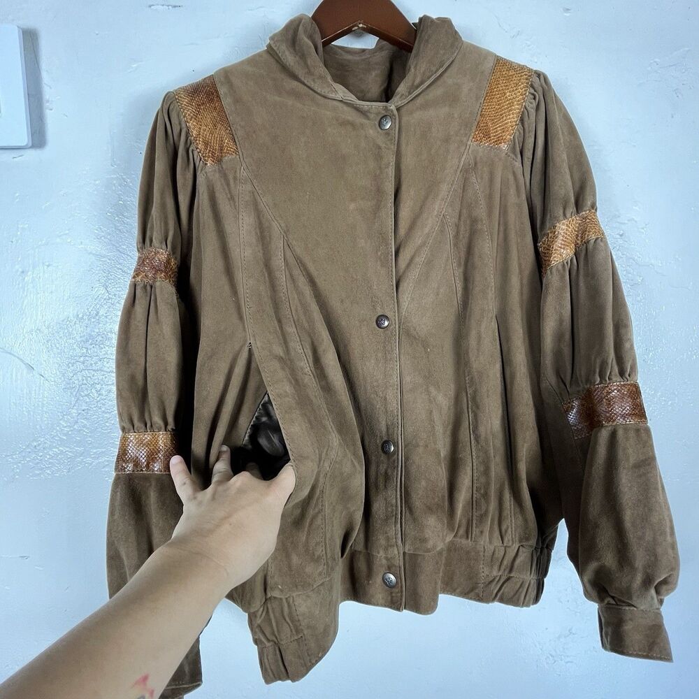 Vintage Norceur Genuine Leather Jacket 80s Batwing Structured Shoulder Snakeskin - Picture 14 of 16